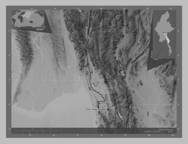 Kayin State Myanmar Grayscale Elevation Map Lakes Rivers Locations Names — Stock Photo, Image