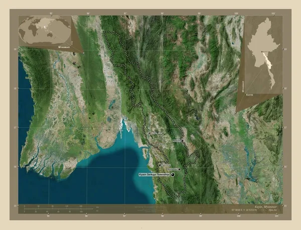 克伦邦 高分辨率卫星地图 该区域主要城市的地点和名称 角辅助位置图 — 图库照片