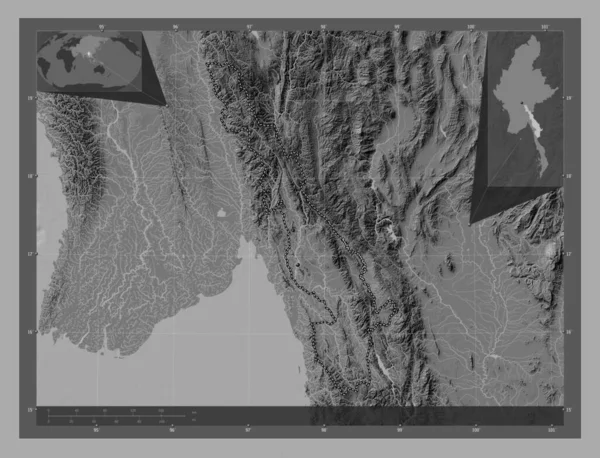 Kayin Staat Myanmar Hoogteplattegrond Met Meren Rivieren Hulplocatiekaarten Hoek — Stockfoto