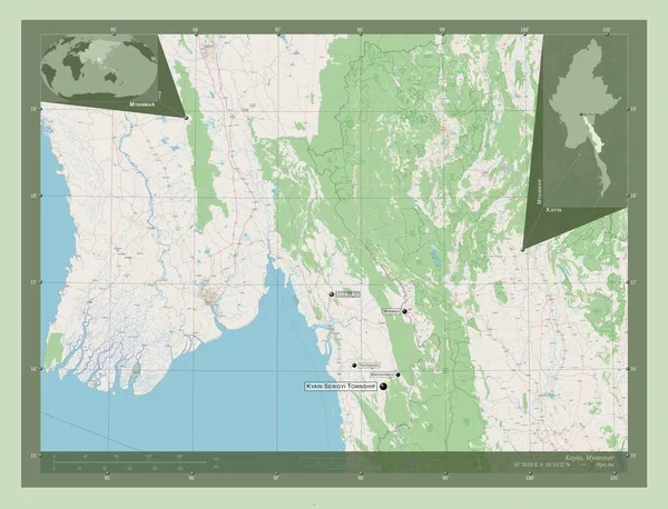 カイン ミャンマーの州 ストリートマップを開く 地域の主要都市の位置と名前 コーナー補助位置図 — ストック写真