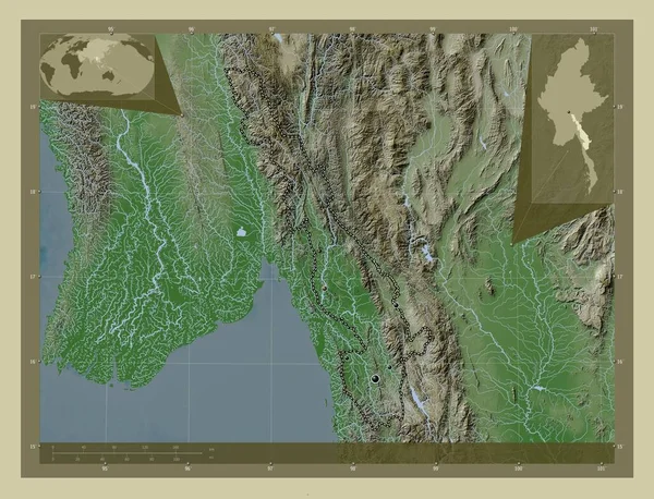 克伦邦 用Wiki风格绘制的带有湖泊和河流的高程地图 该区域主要城市的所在地点 角辅助位置图 — 图库照片
