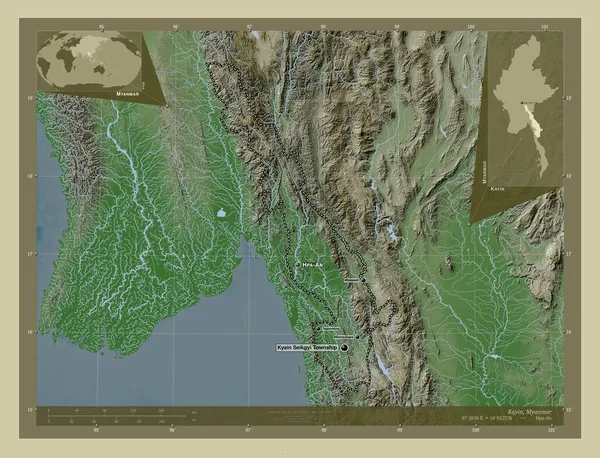 Kayin, Myanmar Eyaleti. Yükseklik haritası göller ve nehirlerle wiki tarzında renklendirilmiş. Bölgenin büyük şehirlerinin yerleri ve isimleri. Köşedeki yedek konum haritaları