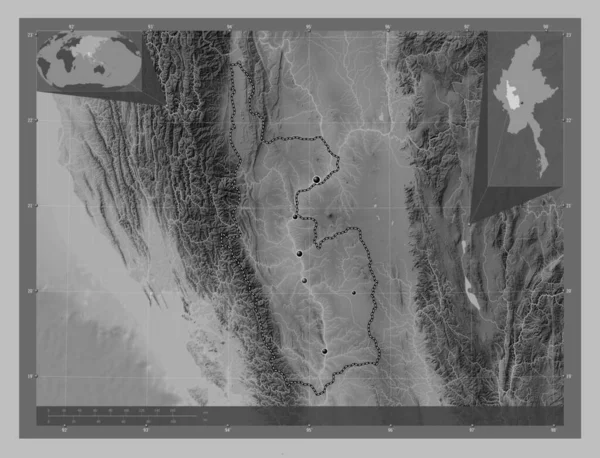 Magway Teilung Myanmars Graustufen Höhenkarte Mit Seen Und Flüssen Standorte — Stockfoto