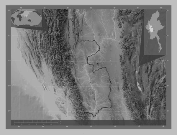 马格威 缅甸的师带有湖泊和河流的灰度高程图 角辅助位置图 — 图库照片