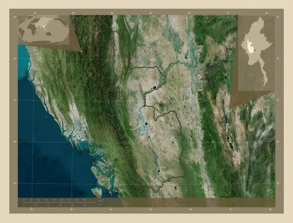 Magway Διαίρεση Της Μιανμάρ Υψηλής Ανάλυσης Δορυφορικός Χάρτης Τοποθεσίες Μεγάλων — Φωτογραφία Αρχείου