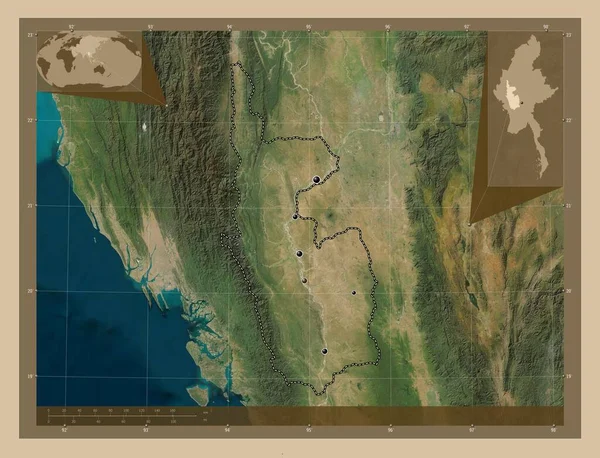 Magway Διαίρεση Της Μιανμάρ Δορυφορικός Χάρτης Χαμηλής Ανάλυσης Τοποθεσίες Μεγάλων — Φωτογραφία Αρχείου