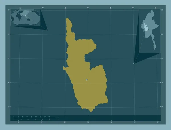 Magway Divisão Myanmar Forma Cor Sólida Mapa Localização Auxiliar Canto — Fotografia de Stock