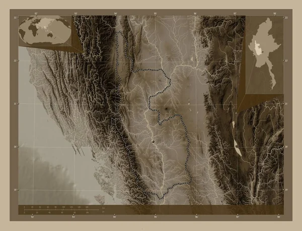 Маґвей Відділ Янми Висота Карти Забарвлена Сепії Тонів Озерами Річками — стокове фото
