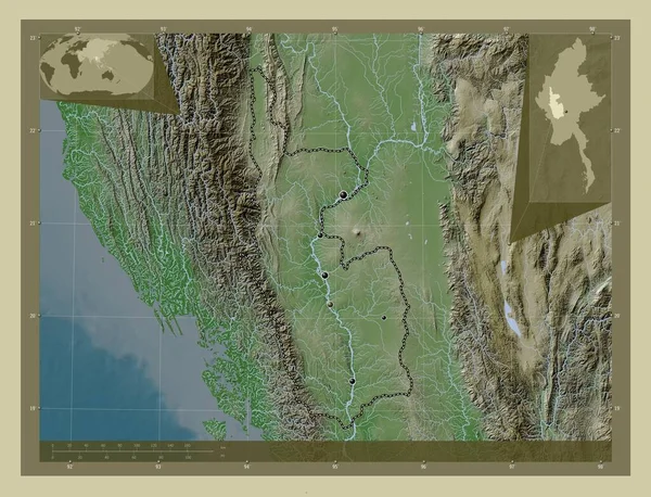 马格威 缅甸的师用Wiki风格绘制的带有湖泊和河流的高程地图 该区域主要城市的所在地点 角辅助位置图 — 图库照片