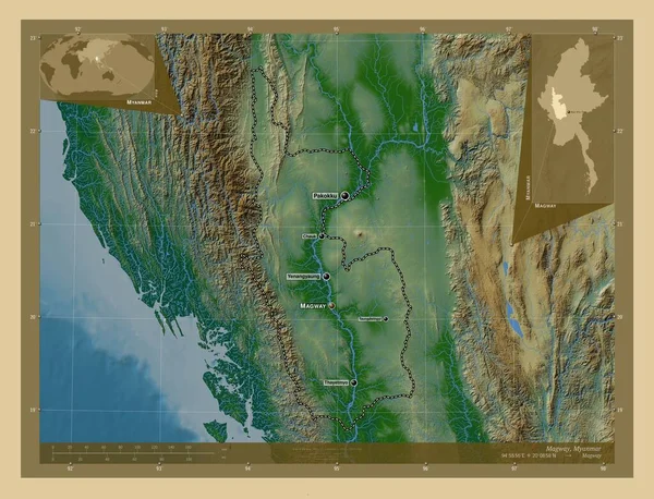 マグウェイミャンマー師団 湖や川と色の標高マップ 地域の主要都市の位置と名前 コーナー補助位置図 — ストック写真