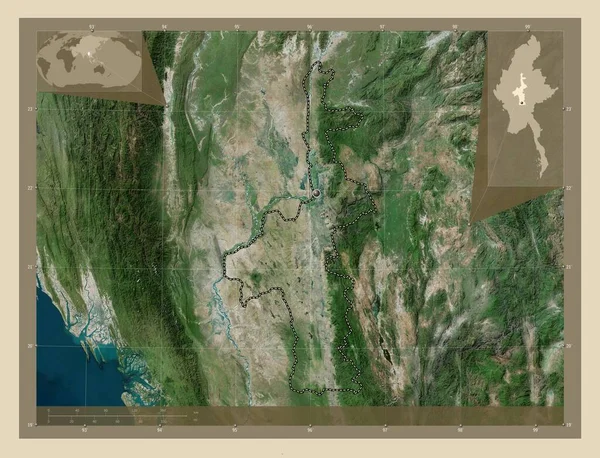 Mandalay Oddział Myanmar Mapa Satelity Wysokiej Rozdzielczości Pomocnicze Mapy Położenia — Zdjęcie stockowe