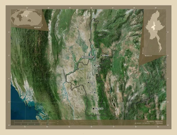 Mandalay Oddział Myanmar Mapa Satelity Wysokiej Rozdzielczości Lokalizacje Nazwy Głównych — Zdjęcie stockowe