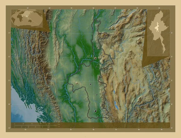 Мандалай Підрозділ Янми Кольорові Карти Висот Озерами Річками Розташування Великих — стокове фото