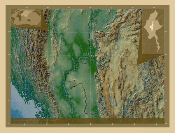 Mandalay Oddział Myanmar Kolorowa Mapa Wzniesień Jeziorami Rzekami Pomocnicze Mapy — Zdjęcie stockowe