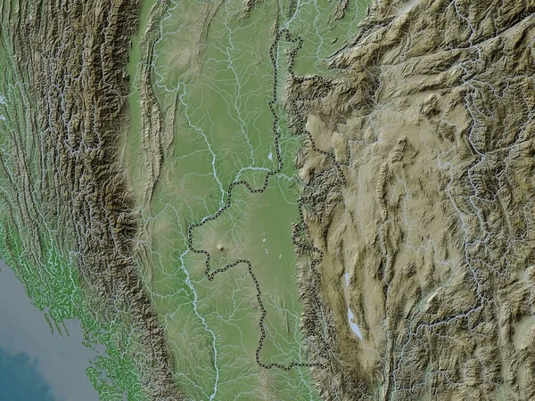 Mandalay División Myanmar Mapa Elevación Coloreado Estilo Wiki Con Lagos — Foto de Stock