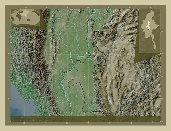 Мандалай Раздел Мьянмы Карта Высоты Окрашенная Вики Стиле Озерами Реками — стоковое фото