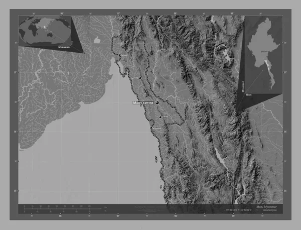 ミャンマーの状態 湖や川と二階の標高マップ 地域の主要都市の位置と名前 コーナー補助位置図 — ストック写真