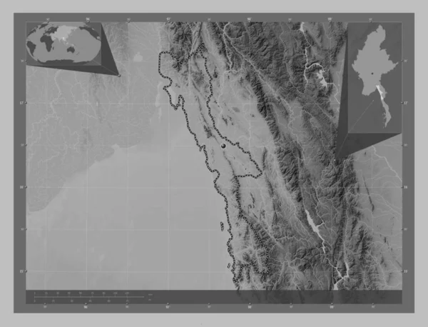 Mon State Myanmar 带有湖泊和河流的灰度高程图 角辅助位置图 — 图库照片