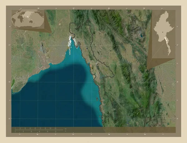 ミャンマーの状態 高解像度衛星地図 地域の主要都市の場所 コーナー補助位置図 — ストック写真