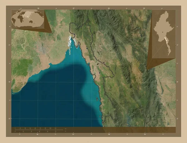 ミャンマーの状態 低解像度衛星地図 地域の主要都市の場所 コーナー補助位置図 — ストック写真