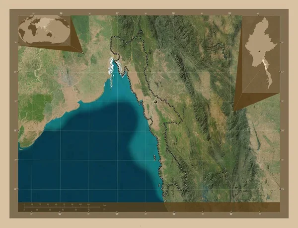 Мон Штат Янма Супутникова Карта Низькою Роздільною Здатністю Кутові Допоміжні — стокове фото
