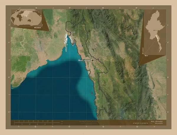 ミャンマーの状態 低解像度衛星地図 地域の主要都市の位置と名前 コーナー補助位置図 — ストック写真