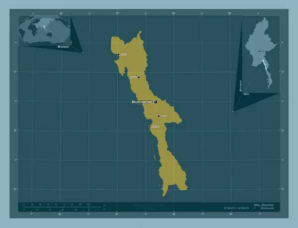 ミャンマーの状態 しっかりした色の形 地域の主要都市の位置と名前 コーナー補助位置図 — ストック写真