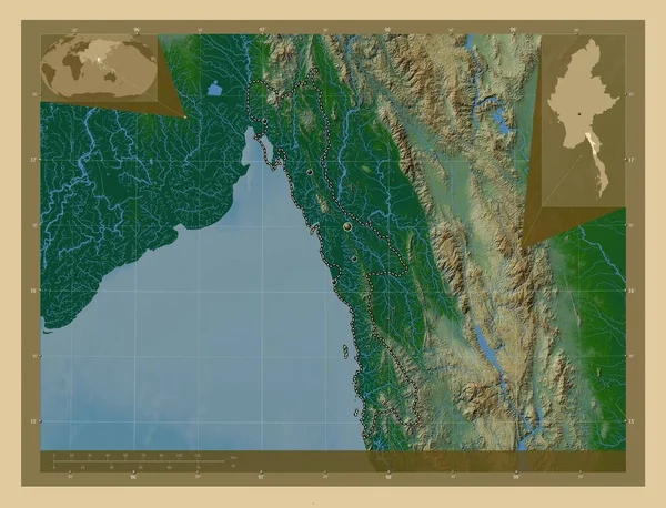 ミャンマーの状態 湖や川と色の標高マップ 地域の主要都市の場所 コーナー補助位置図 — ストック写真