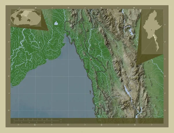 ミャンマーの状態 湖や川とWikiスタイルで着色された標高マップ 地域の主要都市の場所 コーナー補助位置図 — ストック写真