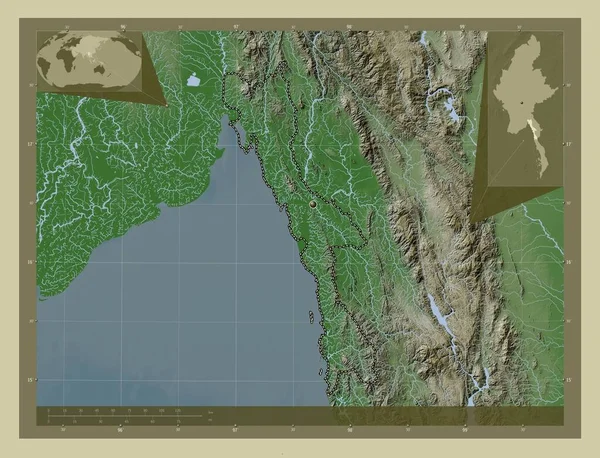 Mon Stan Myanmar Mapa Wzniesień Kolorowa Stylu Wiki Jeziorami Rzekami — Zdjęcie stockowe