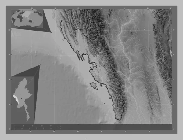 Rakhine Staat Myanmar Grayscale Hoogte Kaart Met Meren Rivieren Locaties — Stockfoto