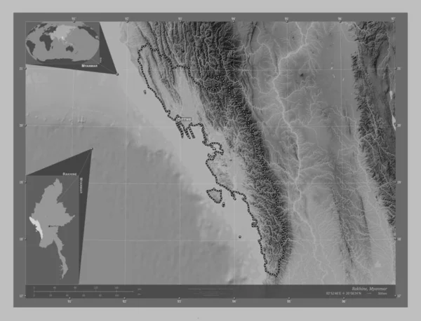 Rakhine Staat Myanmar Grayscale Hoogte Kaart Met Meren Rivieren Locaties — Stockfoto