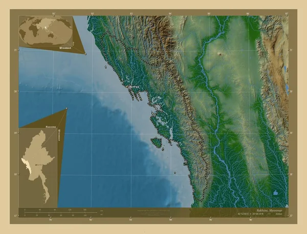 ラカイン ミャンマーの状態 湖や川と色の標高マップ 地域の主要都市の位置と名前 コーナー補助位置図 — ストック写真