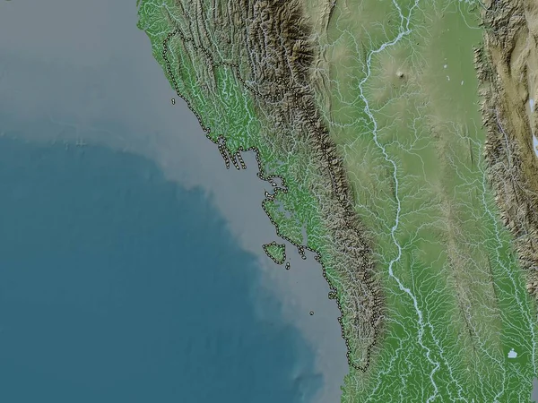 Rakhine Estado Myanmar Mapa Elevación Coloreado Estilo Wiki Con Lagos — Foto de Stock
