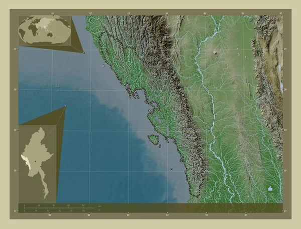 Rakhine Stato Del Myanmar Mappa Elevazione Colorata Stile Wiki Con — Foto Stock