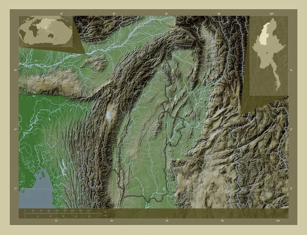 Сагаинг Раздел Мьянмы Карта Высоты Окрашенная Вики Стиле Озерами Реками — стоковое фото