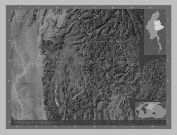 Shan State Myanmar Grayscale Elevation Map Lakes Rivers Corner Auxiliary — Stock Photo, Image