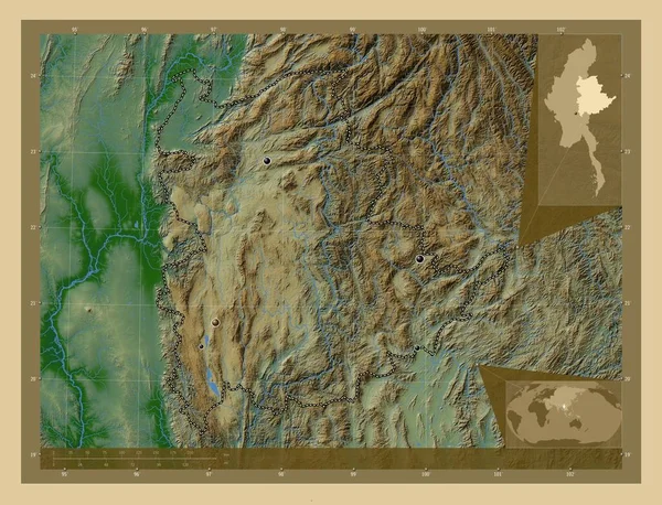 Шань Штат Мьянма Цветная Карта Высоты Озерами Реками Места Расположения — стоковое фото