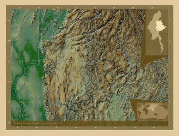 Шань Штат Мьянма Цветная Карта Высоты Озерами Реками Вспомогательные Карты — стоковое фото