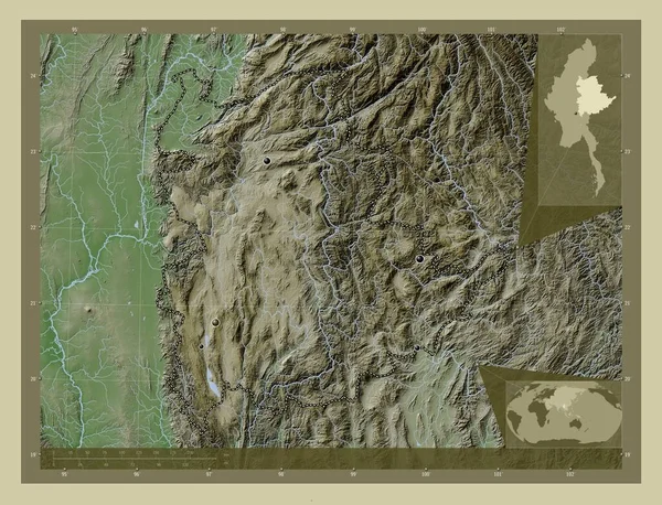 Шан Штат Янма Висота Карти Забарвлена Вікі Стилі Озерами Річками — стокове фото