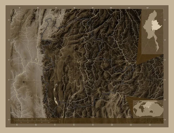 Шань Штат Мьянма Карта Высоты Окрашенная Сепиевые Тона Озерами Реками — стоковое фото
