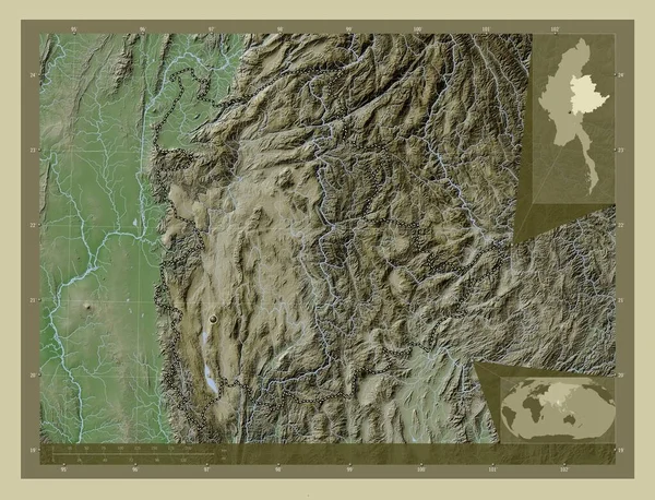 Шань Штат Мьянма Карта Высоты Окрашенная Вики Стиле Озерами Реками — стоковое фото