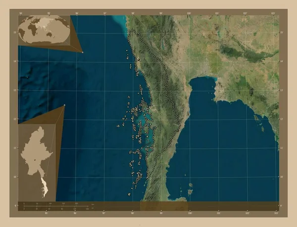 Τανινθάρι Τμήμα Μιανμάρ Δορυφορικός Χάρτης Χαμηλής Ανάλυσης Γωνιακοί Χάρτες Βοηθητικής — Φωτογραφία Αρχείου