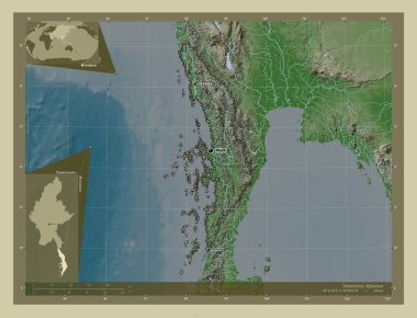 Tanintharyi, Myanmar Bölümü. Yükseklik haritası göller ve nehirlerle wiki tarzında renklendirilmiş. Bölgenin büyük şehirlerinin yerleri ve isimleri. Köşedeki yedek konum haritaları