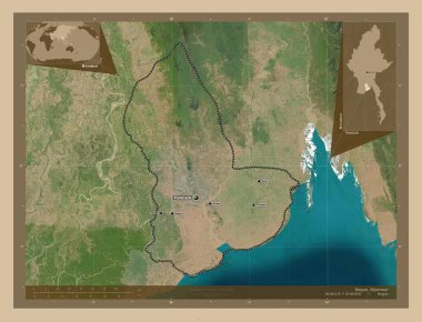 Yangon, Myanmar Bölüğü. Düşük çözünürlüklü uydu. Bölgenin büyük şehirlerinin yerleri ve isimleri. Köşedeki yedek konum haritaları