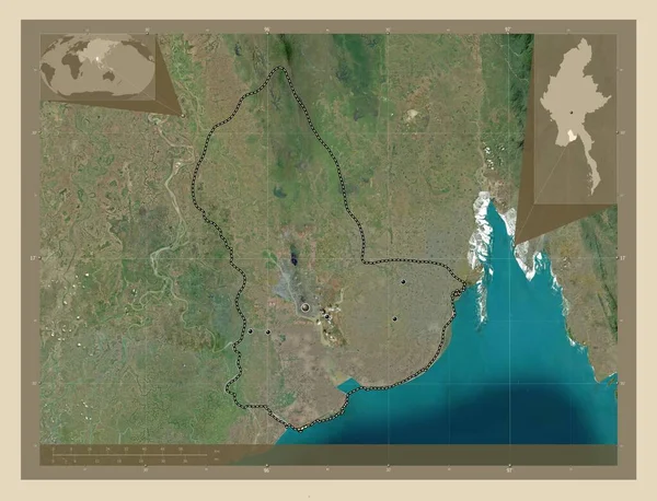 缅甸的师 高分辨率卫星地图 该区域主要城市的所在地点 角辅助位置图 — 图库照片