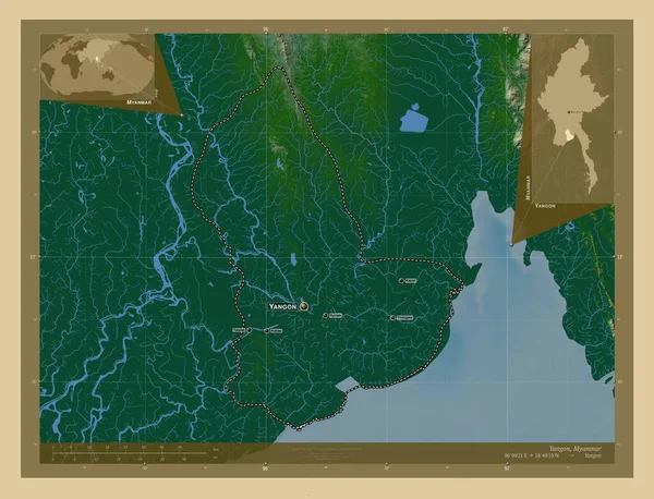 ヤンゴン ミャンマーの部門 湖や川と色の標高マップ 地域の主要都市の位置と名前 コーナー補助位置図 — ストック写真