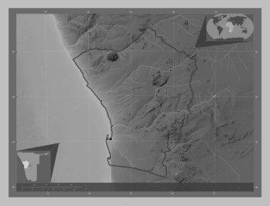 Erongo, Namibya bölgesi. Gölleri ve nehirleri olan gri tonlama yükseklik haritası. Bölgenin büyük şehirlerinin yerleri. Köşedeki yedek konum haritaları