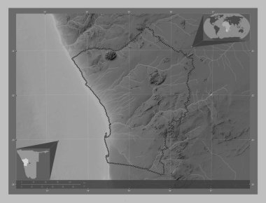 Erongo, Namibya bölgesi. Gölleri ve nehirleri olan gri tonlama yükseklik haritası. Köşedeki yedek konum haritaları