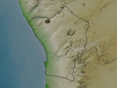 Erongo, Namibya bölgesi. Yükseklik haritası göller ve nehirlerle wiki stilinde renklendirilmiştir